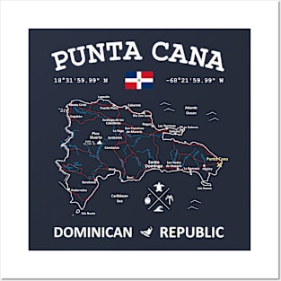 Punta Cana Dominican Republic Travel Map Flag Coordinates Roads Rivers and Oceans Posters and Art